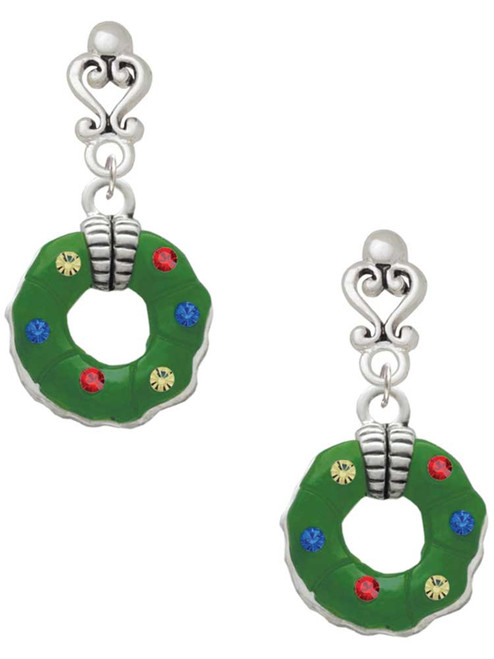 Silver Plated Green Resin Wreath with Crystals - Filigree Heart Post Earrings
