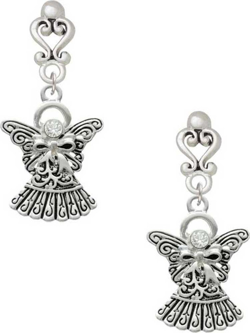 Silver Plated Antiqued Angel with Bow & Crystal - Filigree Heart Post Earrings