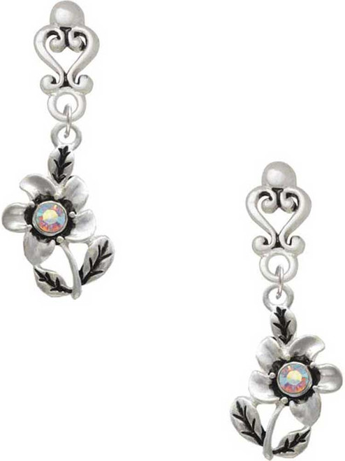 Silver Plated Flower with AB Crystal - Filigree Heart Post Earrings