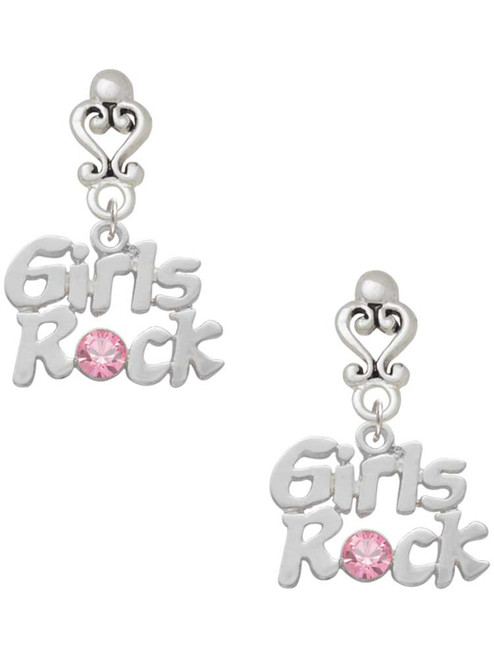 Silver Plated Girls Rock with Light Pink Crystal - Filigree Heart Post Earrings