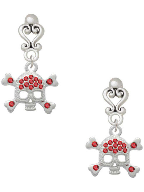 Silver Plated Skull and Crossbones with Red Crystals - Filigree Heart Post Earrings