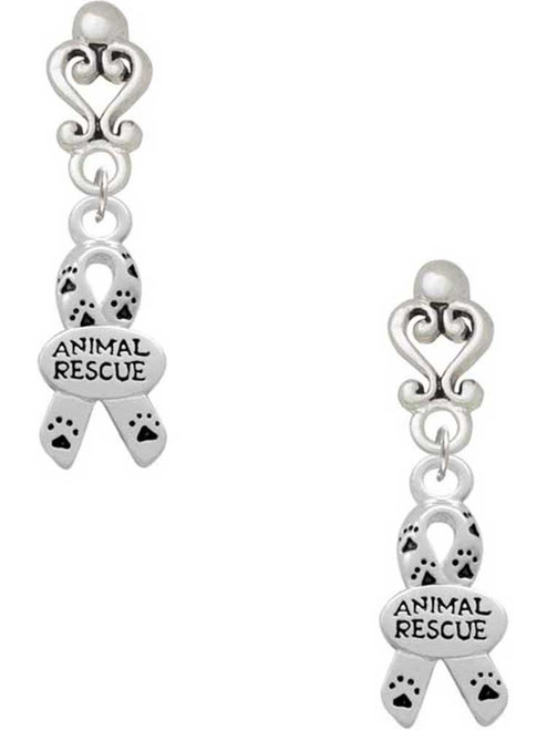 Silver Plated Small Paw Print Ribbon ''Animal Rescue'' - Filigree Heart Post Earrings