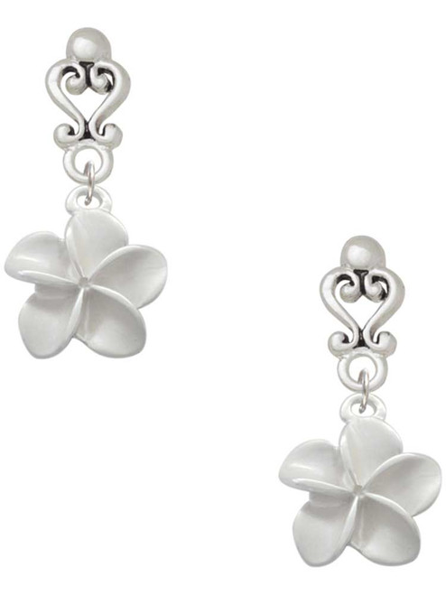 Silver Plated White Plumeria Flower - Filigree Heart Post Earrings