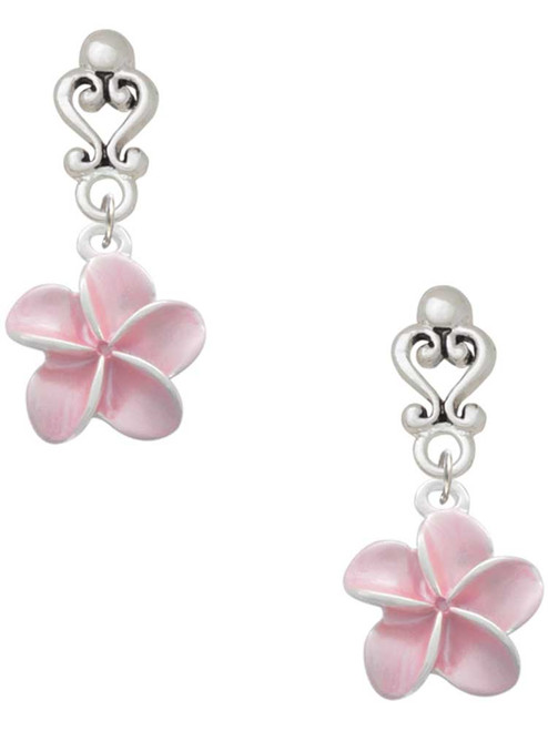 Silver Plated Pink Plumeria Flower - Filigree Heart Post Earrings