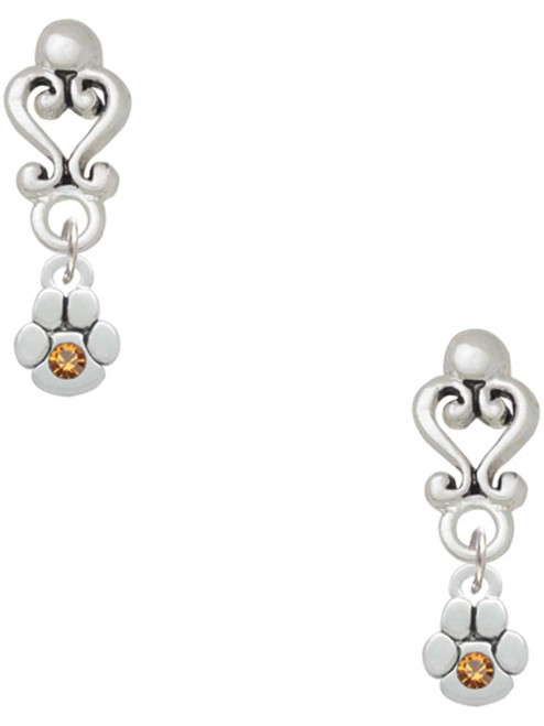 Silver Plated Mini Paw with Yellow Crystal - Filigree Heart Post Earrings