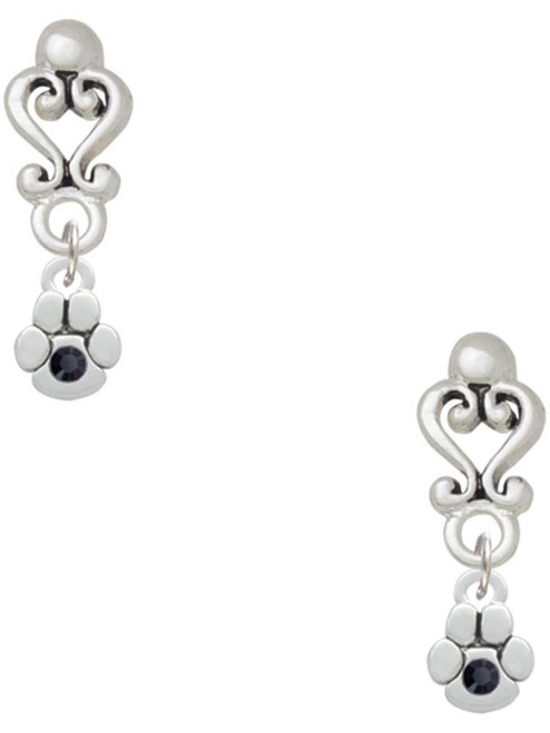 Silver Plated Mini Paw with Black Crystal - Filigree Heart Post Earrings