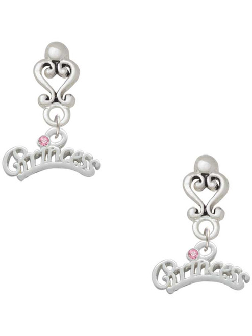 Silver Plated Princess with Pink Crystal - Filigree Heart Post Earrings