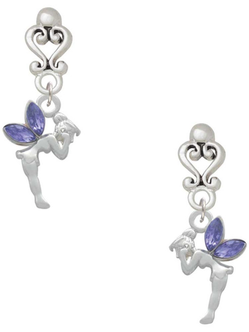 Silver Plated Small Fairy with Purple Wings - Filigree Heart Post Earrings