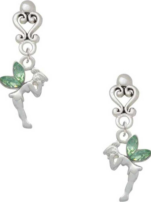 Silver Plated Small Fairy with Lime Green Wings - Filigree Heart Post Earrings