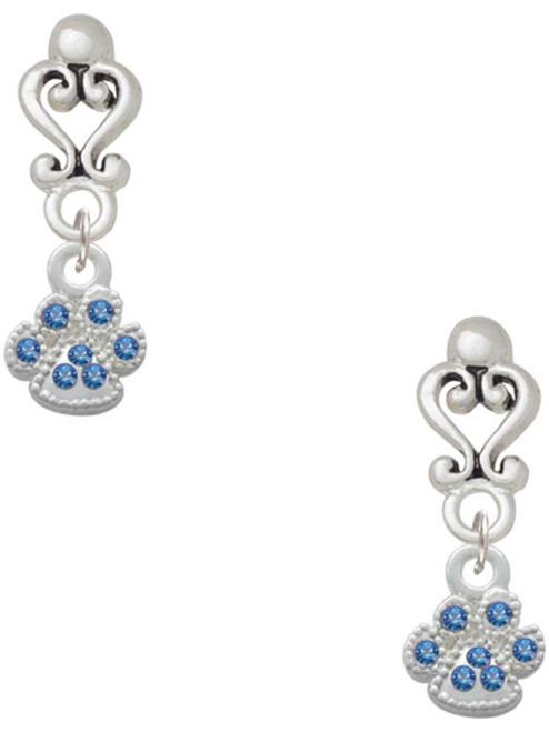 Silver Plated Mini Paw with Blue Crystals - Filigree Heart Post Earrings