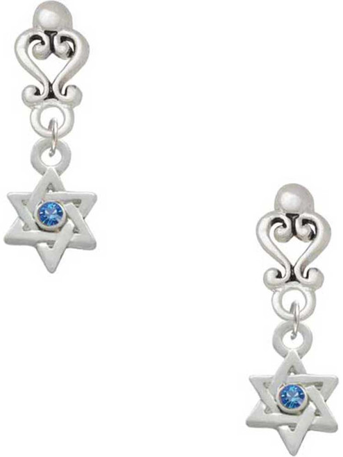 Silver Plated Mini Star of David with Blue Crystal - Filigree Heart Post Earrings