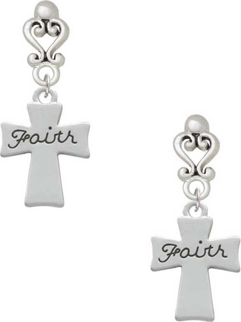 Silver Plated Faith Flat Cross - Filigree Heart Post Earrings