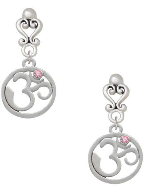 Silver Plated Om in Circle with Pink Crystal - Filigree Heart Post Earrings
