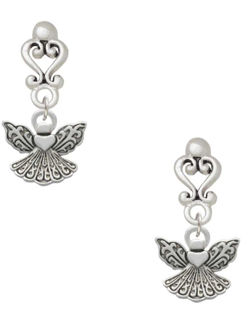 Silver Plated Small Angel with Heart - Filigree Heart Post Earrings