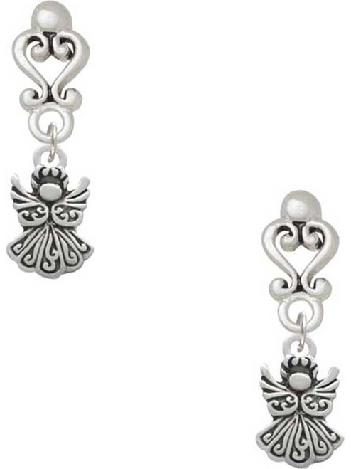 Silver Plated Small Angel - Filigree Heart Post Earrings