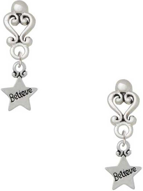 Silver Plated Mini ''Believe'' Star - Filigree Heart Post Earrings