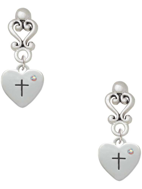 Silver Plated Small Heart with Cross & Fish with Crystal - Filigree Heart Post Earrings