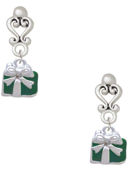 Silver Plated Small Green Enamel Present - Filigree Heart Post Earrings