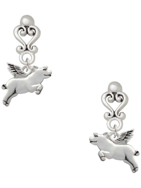 Silver Plated Flying Pig - Filigree Heart Post Earrings