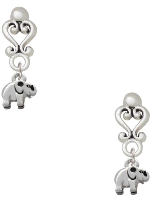 Silver Plated Mini Elephant - Filigree Heart Post Earrings