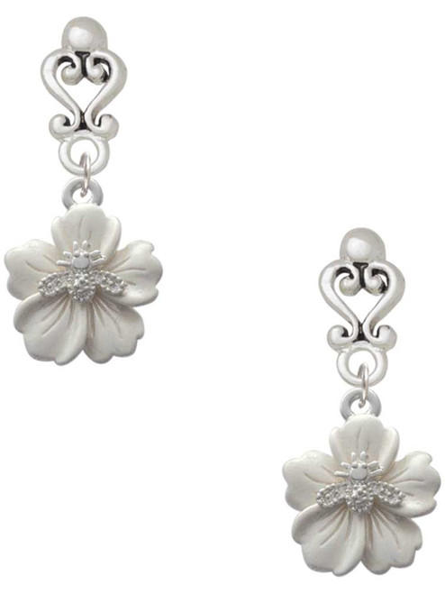 Silver Plated Bee on White Flower - Filigree Heart Post Earrings