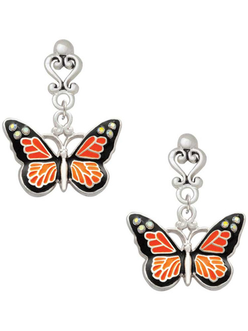 Silver Plated Large Monarch Butterfly with 6 AB Crystals - Filigree Heart Post Earrings