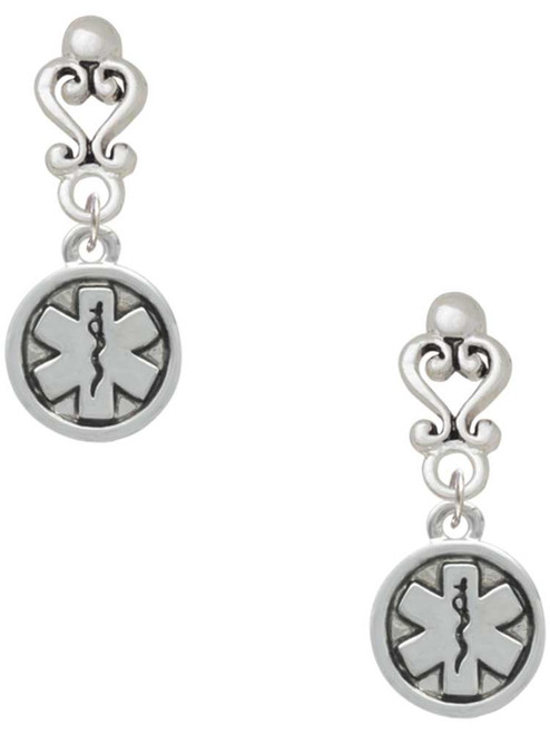 Silver Plated Round EMT Star of Life - Filigree Heart Post Earrings