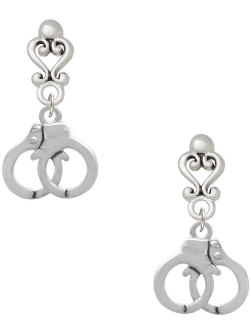 Silver Plated Handcuffs - Filigree Heart Post Earrings