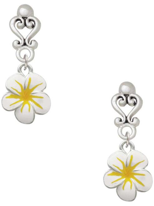 Silver Plated White and Yellow Flower - Filigree Heart Post Earrings