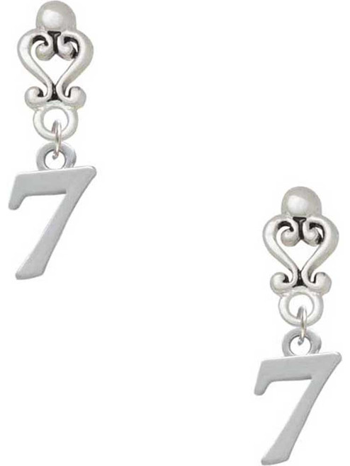 Silver Plated Number - 7 - Filigree Heart Post Earrings