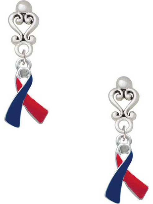 Silver Plated Red & Blue Awareness Ribbon - Filigree Heart Post Earrings