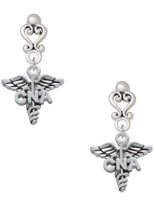 Silver Plated Nurse Caduceus - CNA - Filigree Heart Post Earrings