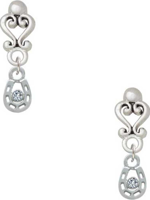 Silver Plated Mini Horseshoe with Clear Crystal - Filigree Heart Post Earrings