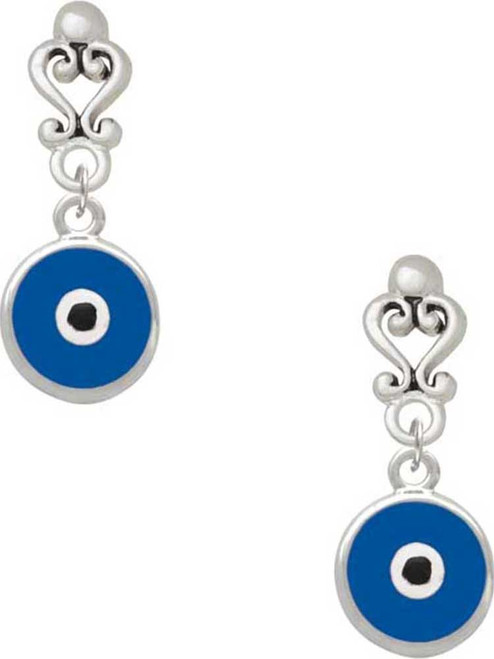 Silver Plated Blue Evil Eye Good Luck - Filigree Heart Post Earrings