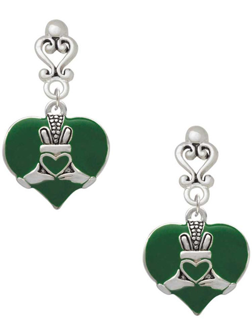 Silver Plated Large 2-D Claddagh on Green Heart - Filigree Heart Post Earrings