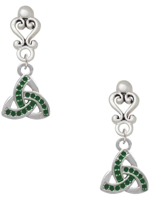 Silver Plated Small 2-D Green Trinity Knot - Filigree Heart Post Earrings