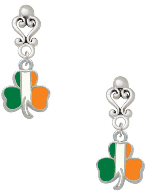 Silver Plated Irish Flag Shamrock - Filigree Heart Post Earrings