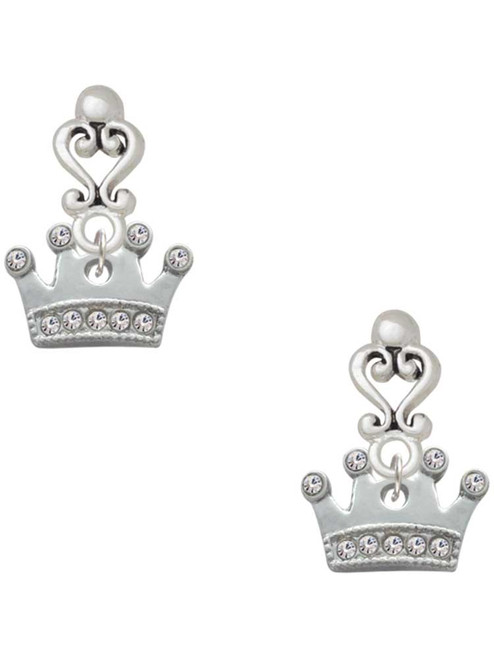 Silver Plated Crown with Clear Crystals - Filigree Heart Post Earrings