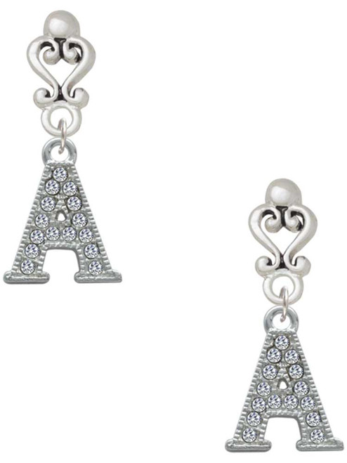 Silver Plated Crystal Initial - A - Filigree Heart Post Earrings