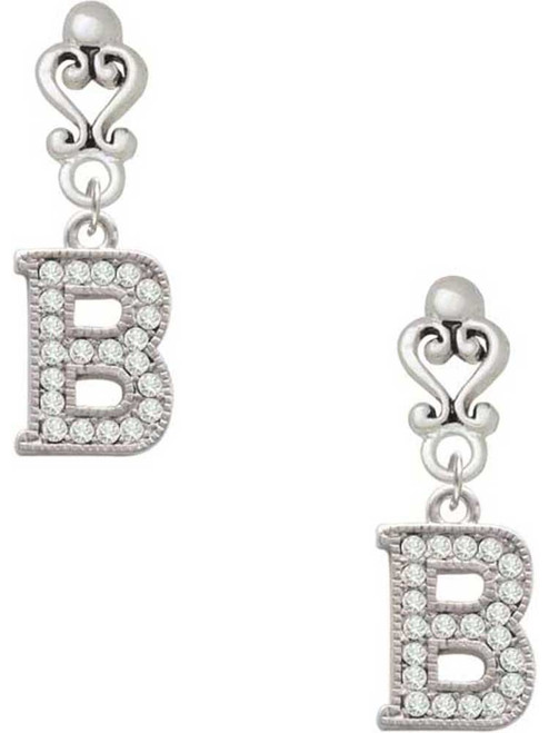 Silver Plated Crystal Initial - B - Filigree Heart Post Earrings