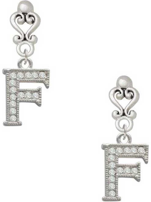 Silver Plated Crystal Initial - F - Filigree Heart Post Earrings
