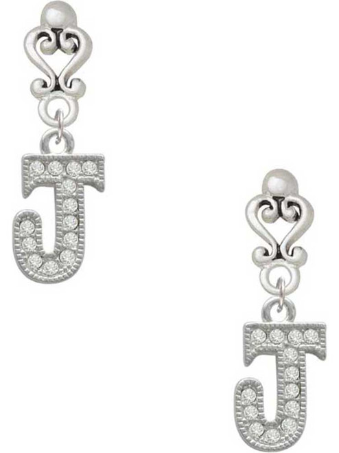 Silver Plated Crystal Initial - J - Filigree Heart Post Earrings