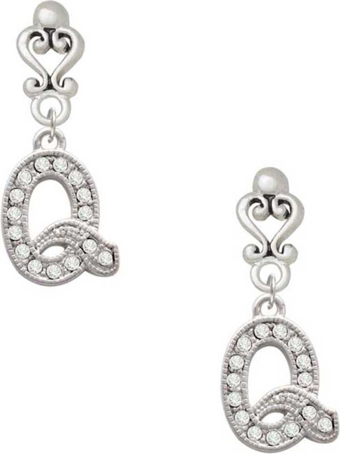 Silver Plated Crystal Initial - Q - Filigree Heart Post Earrings