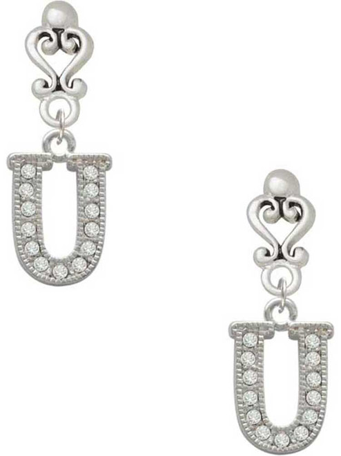 Silver Plated Crystal Initial - U - Filigree Heart Post Earrings