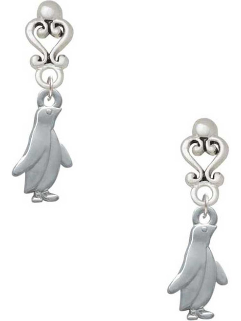 Silver Plated Penguin - Filigree Heart Post Earrings