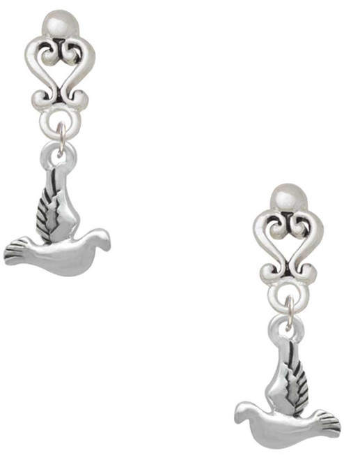 Silver Plated 2-D Small Dove - Filigree Heart Post Earrings