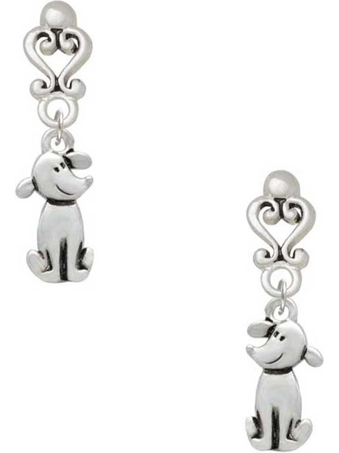 Silver Plated 2-D Dog - Filigree Heart Post Earrings