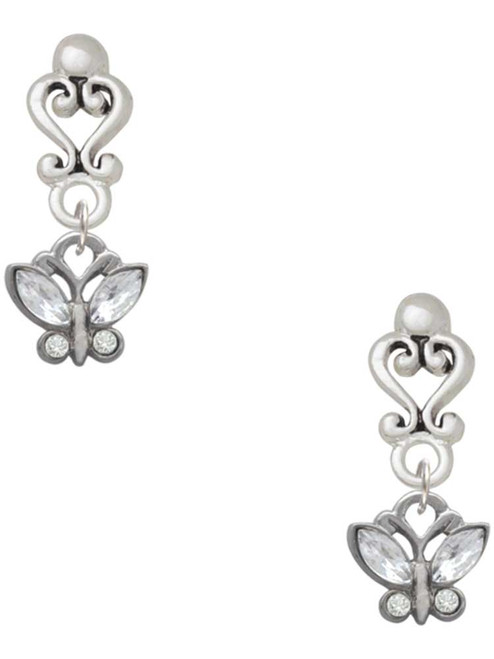 Silver Plated Mini Butterfly with Clear Wings & Crystals - Filigree Heart Post Earrings