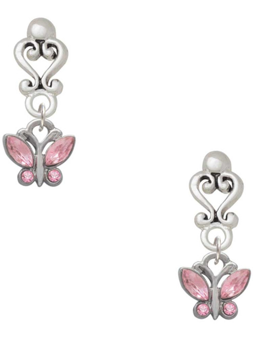 Silver Plated Mini Butterfly with Pink Wings & Crystals - Filigree Heart Post Earrings