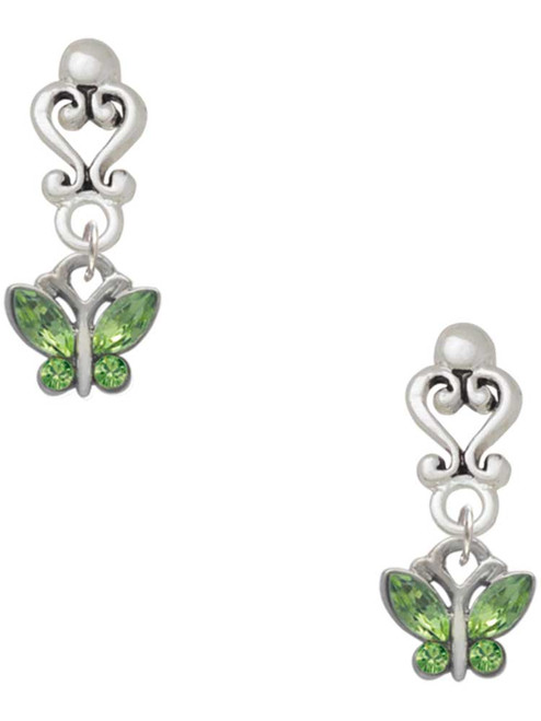 Silver Plated Mini Butterfly with Green Wings & Crystals - Filigree Heart Post Earrings